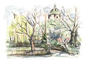 Waterlow Ponds and the dome of St Joseph's, 2022